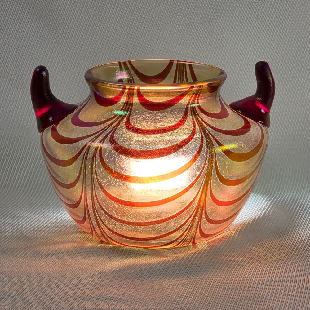 Pilgrim Art Glass Rose Bowl Free Hand Purple Feather Gold Crackle 5x7 Rare VTG
